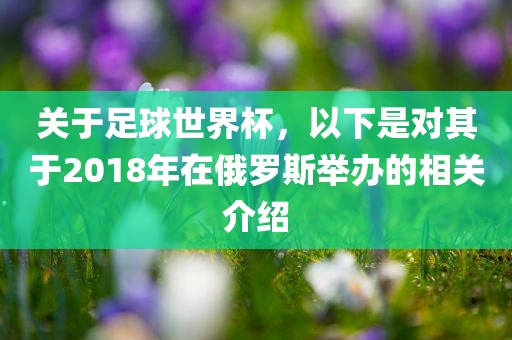 关于足球世界杯，以下是对其于2018年在俄罗斯举办的相关介绍吉安市靖泰电力工程有限公司