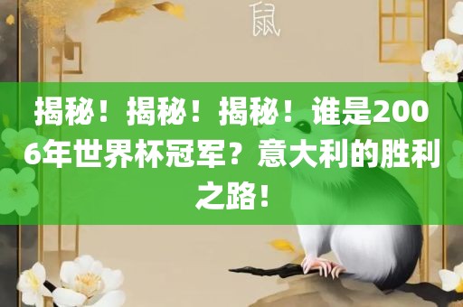 揭秘！揭秘！揭秘！谁是2006年世界杯冠军？意大利的胜利之路！