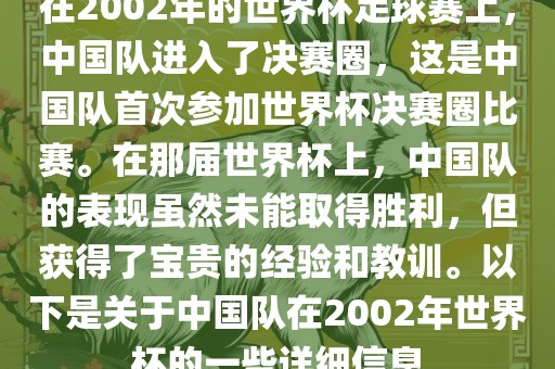 在2002年的世界杯足球赛上，中国队进入了决赛圈，这是中国队首次参加世界杯决赛圈比赛。在那届世界杯上，中国队的表现虽然未能取得胜利，但获得了宝贵的经验和教训。以下是关于中国队在2002年世界杯的一些详细信息