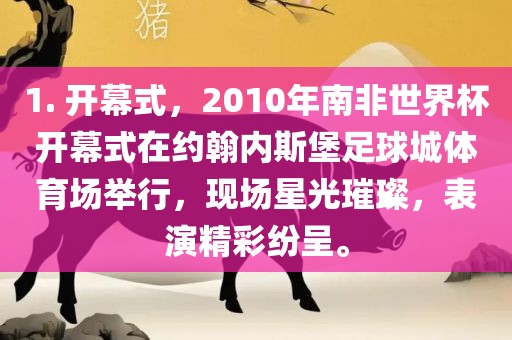 1. 开幕式，2010年南非世界杯开幕式在约翰内斯堡足球城体育场举行，现场星光璀璨，表演精彩纷呈。