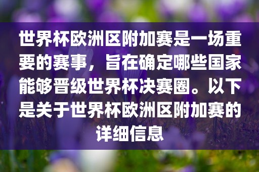 世界杯欧洲区附加赛是一场重要的赛事，旨在确定哪些国家能够晋级世界杯决赛圈。以下是关于世界杯欧洲区附加赛的详细信息