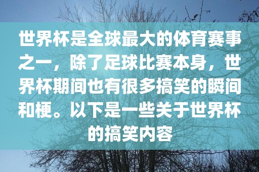 世界杯是全球最大的体育赛事之一，除了足球比赛本身，世界杯期间也有很多搞笑的瞬间和梗。以下是一些关于世界杯的搞笑内容