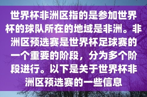 世界杯非洲区指的是参加世界杯的球队所在的地域是非洲。非洲区预选赛是世界杯足球赛的一个重要的阶段，分为多个阶段进行。以下是关于世界杯非洲区预选赛的一些信息