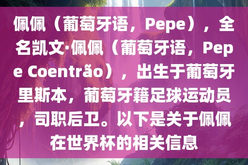 佩佩（葡萄牙语，Pepe），全名凯文·佩佩（葡萄牙语，Pepe Coentr?o），出生于葡萄牙里斯本，葡萄牙籍足球运动员，司职后卫。以下是关于佩佩在世界杯的相关信息